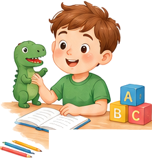 Copil cu o jucărie dinozaur, cărți și cuburi
