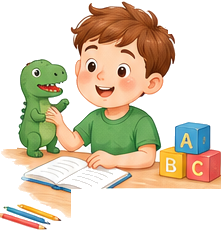 Copil cu o jucărie dinozaur, cărți și cuburi